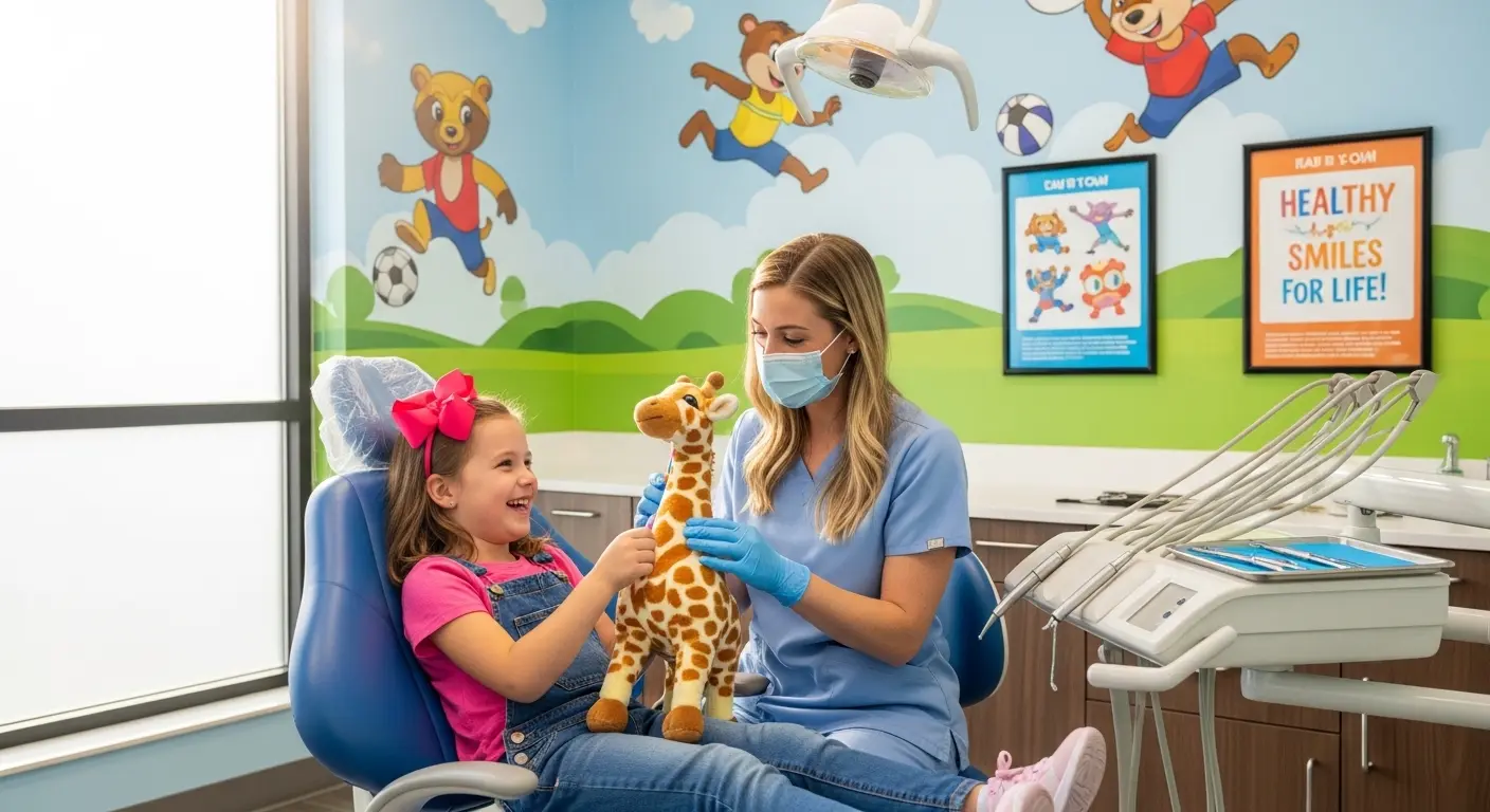 A friendly pediatric dentist examining a happy child's teeth in a comforting environment